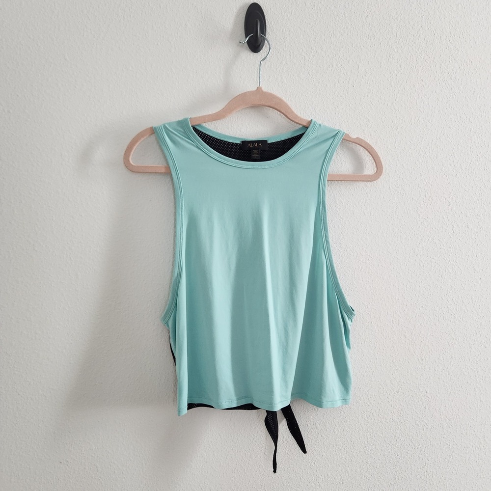 Womens Activewear Mesh Back Tie Crop Tank Top Aqua Blue Black size Small